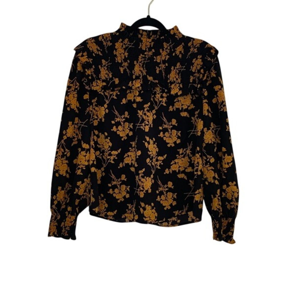 THML Black Mustard Floral Smocked Mock Neck Long Sleeve Blouse‎ Women's M